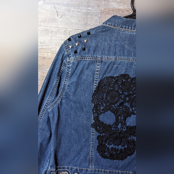 Upcycled Handcrafted Ton Of Detailed Bling Jean Jacket With Black Skull - Picture 11 of 16
